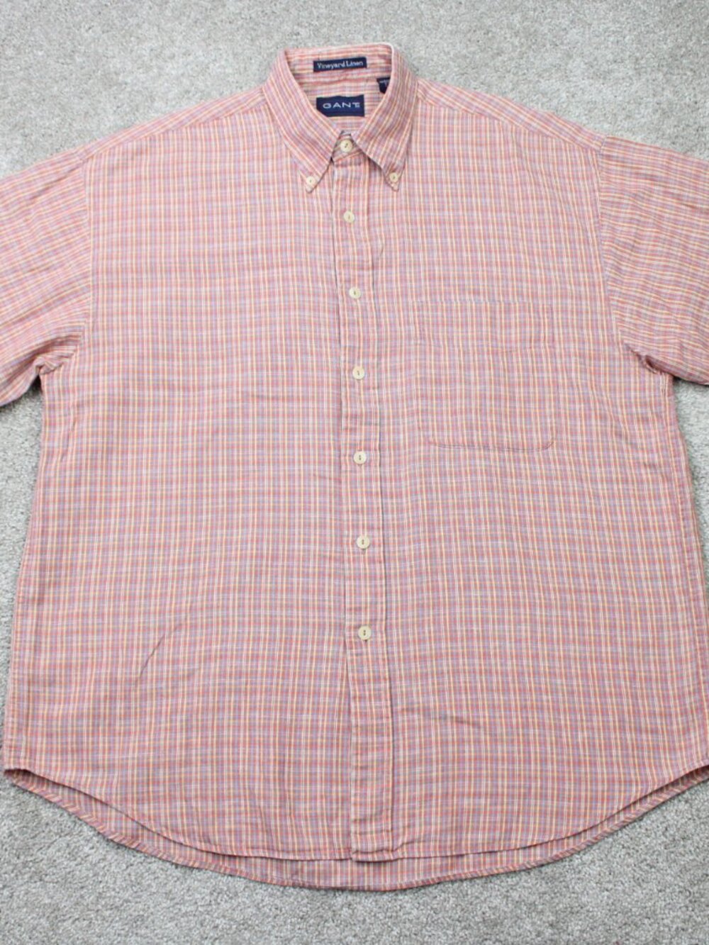 GANT Vineyard Linen Shirt Mens Large Red/Orange Check Linen/Cotton Short Sleeve